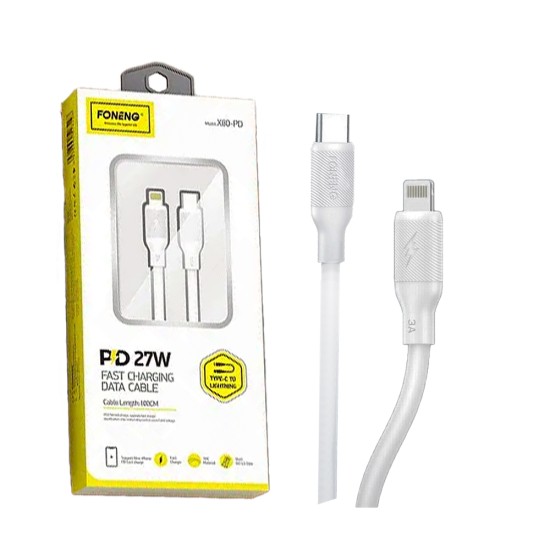 Cabo de Dados Rápidos Foneng X80 Tipo C a Relâmpago 27W PD Branco